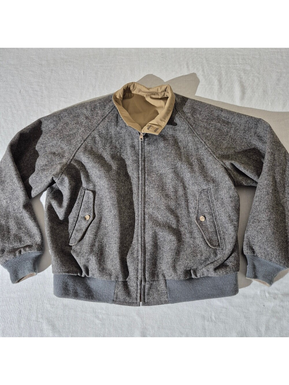 Woolrich Reversible Wool Tan Grey Bomber Jacket XL XLarge